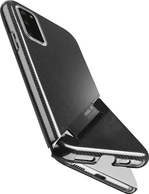A black phone case with a stand is shown at an angle against a white background.