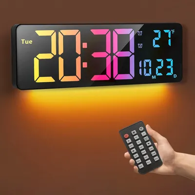 Obrázek produktu pro Digitální nástěnná hodiny, 16 palců, s 11 RGB barvami, zobrazují čas, datum, teplotu, den v týdnu a mají funkci časovače