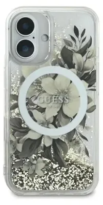 Produktbild von Guess GUHMP16SLFMWTE iPhone 16 6.1" beige hardcase Liquid Glitter Flower MagSafe Schutzhülle