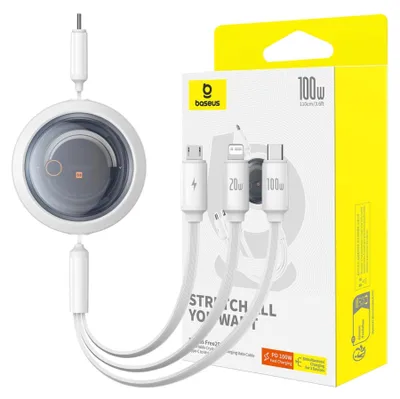 Immagine prodotto di Fast Charging Cable 3in1 Baseus Free2Draw USB-C to USB-C/Lightning/Micro 100W, 1,1m (white)