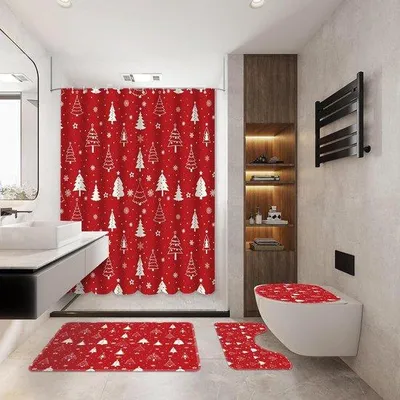 Immagine prodotto di Set da bagno natalizio da 4 pezzi – Tema invernale rosso con albero di Natale e fiocchi di neve – Tappetini antiscivolo + accessori da bagno – Decorazioni festive per il bagno a Natale