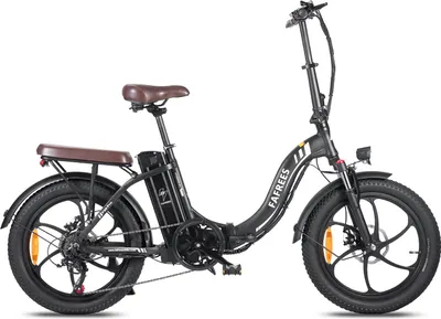 A black electric bicycle with brown seats and accents, shown against a white background.