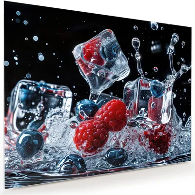 Produktbild von Glasbild 120x90cm in XXL für Wohnzimmer, Schlafzimmer Motiv Beeren Eiswürfel