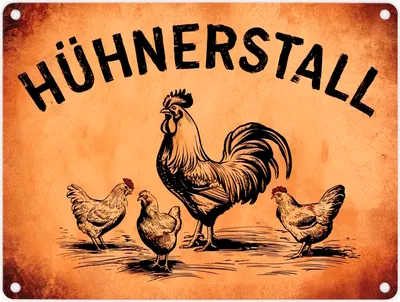 Produktbild von Hühnerstall Metallschild in 15x20 cm mit Hahn und Hennen