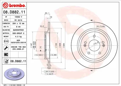 Produktbild von 2x BREMBO Bremsscheibe 08.D882.11 für HYUNDAI Kona (OS) 32mm 284mm