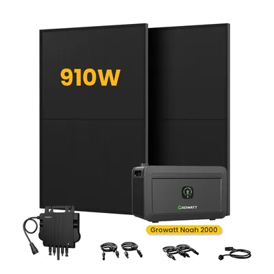 Produktbild von Powerness Balkonkraftwerk mit Speicher, Growatt NOAH 2000 Speicher mit 910W Bifazial Solarmodule und Growatt NEO-800M-X Mikrowechselrichter