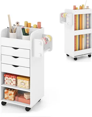 Produktbild von COSTWAY Rollcontainer mit 2 Rollstangen, 3 Schubladen Aktenschrank auf Rädern, Büroschrank, Weiß