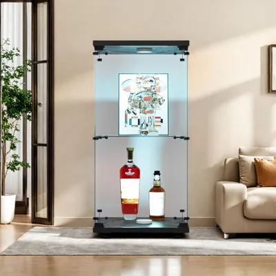 Immagine prodotto di Vetrina espositiva in vetro, vetrina verticale, moderna vetrina in vetro, armadietto espositivo con 2 ripiani e illuminazione a LED, ideale per collezioni, libri, vino, colore nero