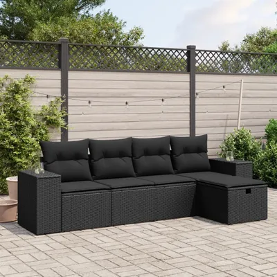 Produktbild von Design 5-tlg. Garten-Sofagarnitur mit Kissen Schwarz Poly Rattan, Gartenmöbel-Sets 2024 Neu