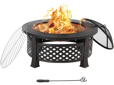 Produktbild von Feuerkorb – Feuerstelle – 3-in-1 – Grill – Schale – mit Grillrost und Funkenfänger – Große Ausführung, Ø 81 cm