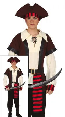 Productafbeelding van Piraat-avonturenkostuum, carnaval, vastenavond, piratenoutfits, karakterset, kleding, piratenlook, jas, hoed, accessoires, rollenspel, maat: 14-16 jaar, kleur: bruin