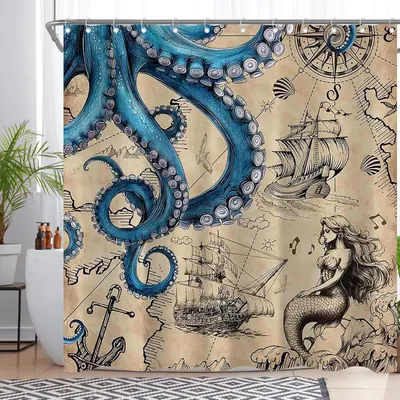 Image de Rideau de douche imperméable Océan Pieuvre Pirate Carte au Trésor 180x180 cm