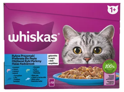 Zdjęcie produktu dla Whiskas Rybne przysmaki Galaretka z łososiem, z dorszem, z tuńczykiem i z białą rybą 1,02 kg (12x85 g)