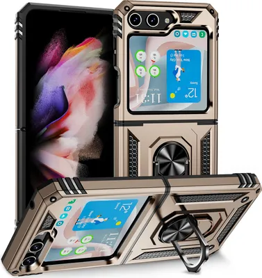 Produktbild von Hülle für Samsung Galaxy Z Flip 5 Dual Layer Militäre Fallschutz Schutzhülle mit Ringhalterung Ständer Gold