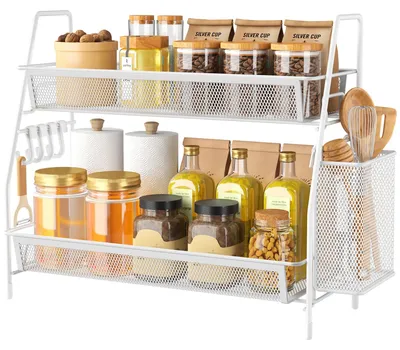 Immagine prodotto di Ripiano metallico per bagno - Scaffale a 2 livelli - Ripiano multifunzionale per cucina - Organizer indipendente - Ideale per sotto il lavello - Colore: nero/bianco