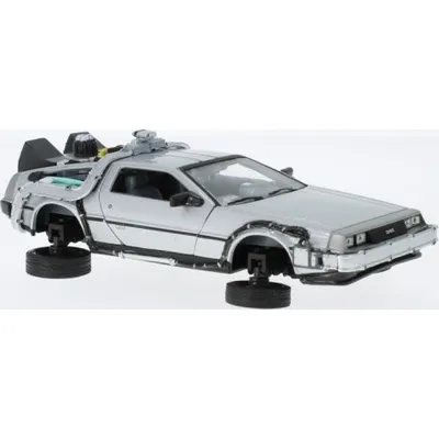 A silver DeLorean DMC-12 car, a model from Back to the Future II, is shown from the side.