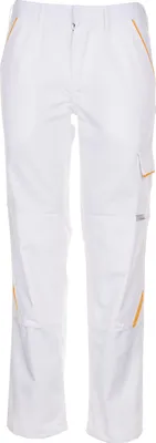 A pair of white work pants with yellow accents.