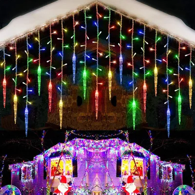 A collage of Christmas lights decorating a house and an icicle-shaped light string hanging from a roof.