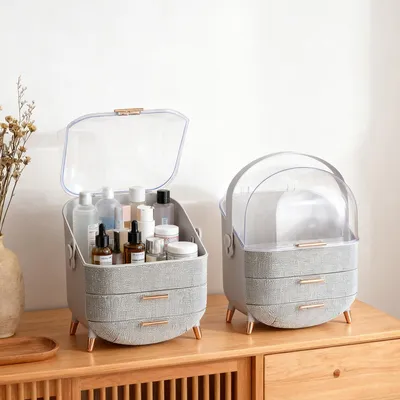 Produktbild von ZMH Make-Up Organizer Kosmetikorganizer mit 2 Schubladen Aufbewahrungsbox(26x16x38 cm)für Kosmetik Lippenstifte Schlafzimmer Kommode Silber