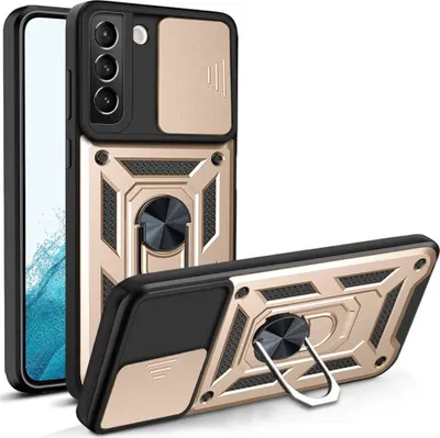 Produktbild von Galaxy S22 5G Hülle mit 360° Drehbarer Magnetische Ring Ständer Halter Dia Kameraschutz TPU Bumper Silikon Schutzhülle für Samsung Galaxy S22 5G Gold