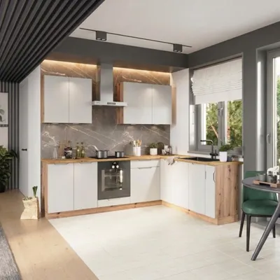 Obrázek produktu pro Rohová kuchyňská linka 200x260 cm - Popelavě šedá - s hnědou pracovní deskou - MDF - moderní rohová sestava - zásuvky s tichým dovíráním - ISABEL