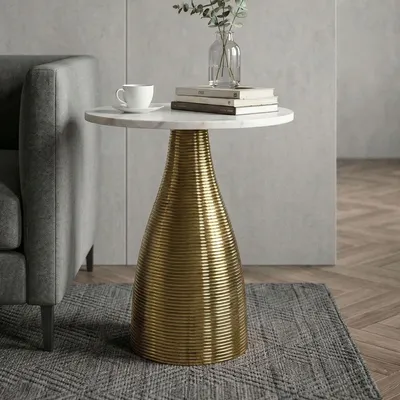 Image de WOHNLING Table d'appoint ronde 40 cm dorée avec plateau en marbre blanc Table de salon en pierre naturelle Table d'appoint Table basse en métal Table basse moderne Fait main