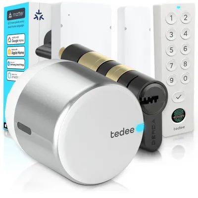 Obrázek produktu pro Tedee GO2 Alu s Keypad PRO, senzorem dveří a vložkou Gerda EXXO – Chytrý zámek, otisk prstu, třída 6, bezpečné zamykání, bezklíčový vstup, Matter