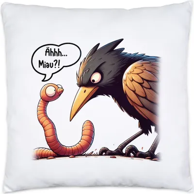 Produktbild von Ähh Miau?! Vogel und Regenwurm Kissen Inkl. Füllung - Humorvolles Präsent