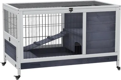 Produktbild von Kleintierstall mobil mit Rädern für Meerschweinchenkäfig aus Tannenholz in Dunkelgrau und Weiß 90x53x59cm