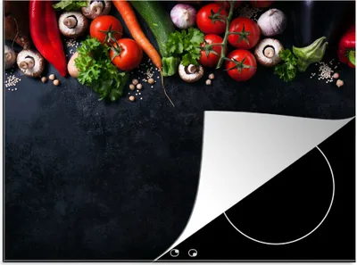 Produktbild von KitchenYeah© Herdabdeckplatte Gemüse - Kräuter - Gewürze - Schwarz - Rustikal - Küche , 75x52cm, Küche Deko, Glaskeramikkochfeld Herdabdeckung, Abdeckplatte fùr Kochfeld