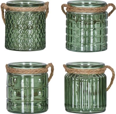 4er Set Windlicht H10cm Glas Grün Khaki Teelichthalter Tischdeko Kerzen Deko
