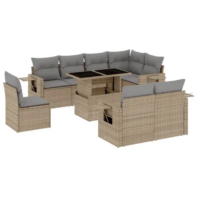Produktbild von 9-tlg. Garten-Sofagarnitur mit Kissen Beige Poly Rattan