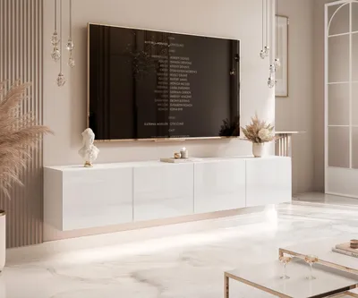 A modern living room with a wall-mounted TV and media console.