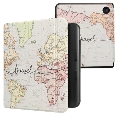 Produktbild von kwmobile Schutzhülle für Kobo Kobo Libra Colour / Tolino Vision Color Hülle - eReader Flip Case mit Auto Sleep Funktion - Travel Schriftzug mit