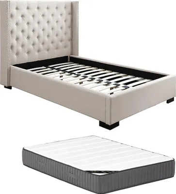 Produktbild von Bett 120 x 200 cm + Kopfteil gepolstert + Matratze - Stoff Beige - MASSIMO