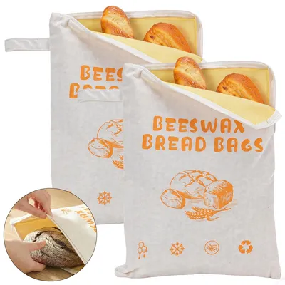 Produktbild von Extra großer Brotbeutel 2er Set, Bienenwachs, atmungsaktiv & frischhaltend, mit Reißverschluss, für Sauerteig, Brot, Brötchen & n