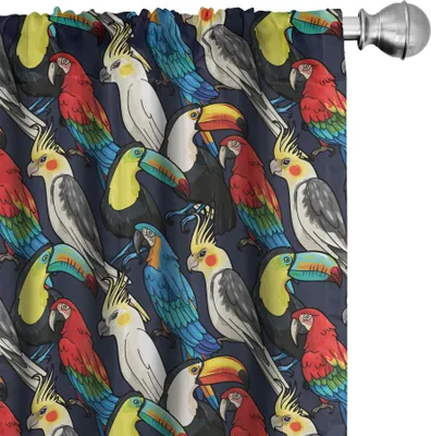 Image de ABAKUHAUS Rideaux perroquet, rideaux, oiseaux exotiques colorés Toucan Ara Cockatoo Illustration, 2 pièces 75 x 245 cm, jaune pastel multicolore