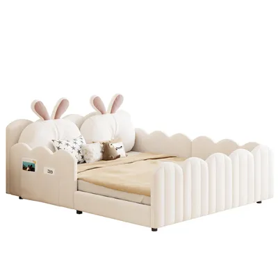 Produktbild von Merax Polsterbett 140x200 cm, mit Kaninchen-Kopfteil, gepolstert, mit Schutzgeländer, Kinderbett, Jugendbett, Beige