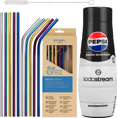 Image de Sodastream Pepsi Max sirop 440ml avec 10 pailles métalliques Spinel Set