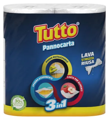 Immagine prodotto di Tutto Pannocarta 3 in 1, 2 rotoli di carta multiuso, 1 strato, formato 48 x, extra