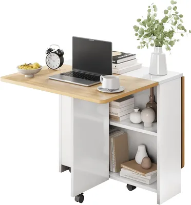 Produktbild von Klappbarer Esstisch 120x60x75 cm Esszimmertisch mit Schrank Klapptisch platzsparend für Küche helles Holz weiß