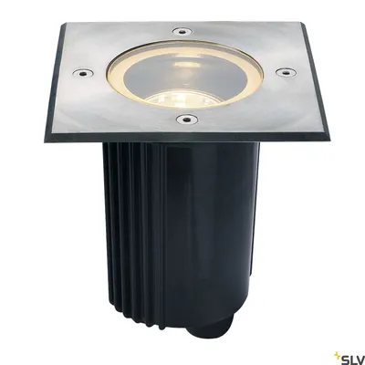A recessed floor light with a square metal top and a ribbed black cylindrical base.