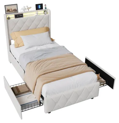 Zdjęcie produktu dla Łóżko z pojemnikiem – wymiary 140 x 200 cm – 2 szuflady – drewniana rama – styl nowoczesny minimalistyczny – kolor beżowy