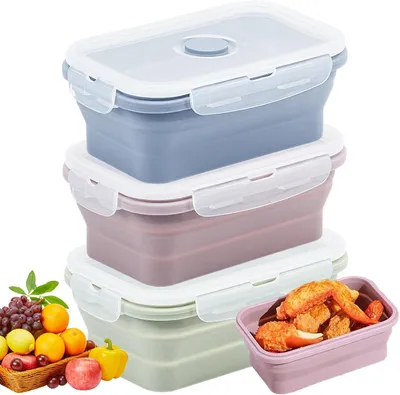 Produktbild von Set mit 3 faltbaren Silikon-Sandwichboxen, 550 ml, mit Deckel. Bento-Box, mikrowellengeeignete, faltbare Aufbewahrungsbehälter.