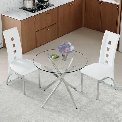 Image de Ensemble table et chaises, table ronde en verre de 88 cm + 2 chaises de salle à manger blanches, pieds argentés, style luxueux