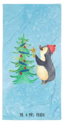 Produktbild von Mr. & Mrs. Panda Handtuch Pinguin Weihnachtsbaum - Eisblau - Geschenk, Badehandtuch, Weihnachten, Reisehandtuch, Frottee-Handtuch, Strandtuch, Winter, Großes