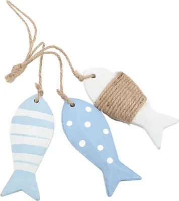Image de Décoration murale en bois représentant des poissons, style marin, motif à petites vagues, couleur blanche. 3 petits poissons, décor antique sculpté, poisson marin en bois de pin, décoration murale en bois