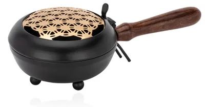 Räucherpfanne Eisen, schwarz-gold, Blume-des-Lebens-Deckel, 23 cm
