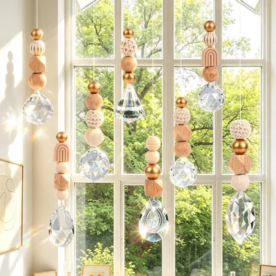 Suncatcher-Set, 8 Stück, Kristallkugeln 30 mm, Holzperlen, Fensterdeko