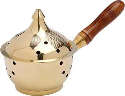 Produktbild von Räucherpfanne mit Holzgriff Duftstäbchen Weihrauchbrenner Messing Gold Neu 7582